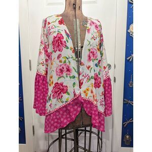Pioneer Woman Pink Flounce Sleeve Topper Chinoserie Birds Boho Kimono L/XL NWT